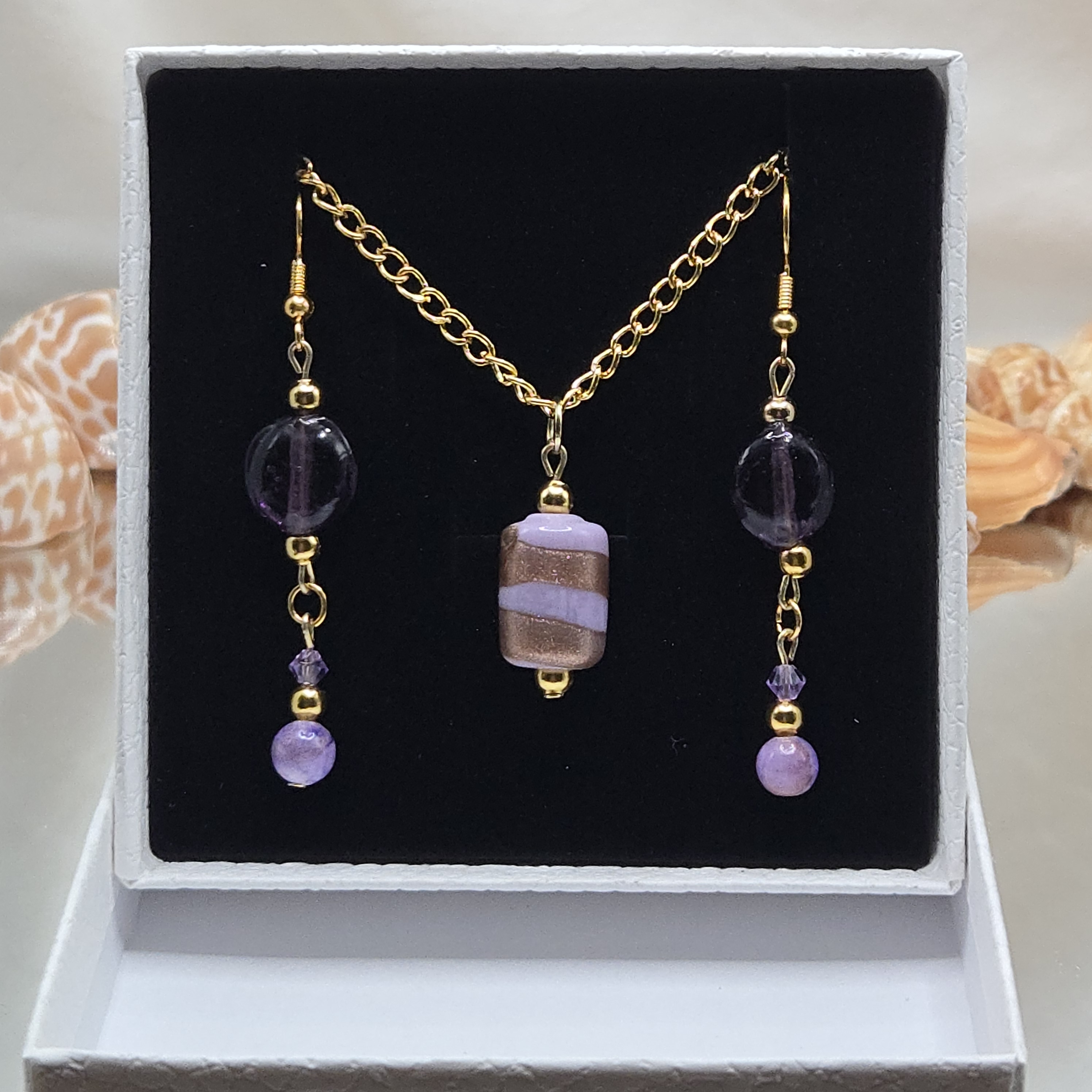 Gold Chain Necklace & Earrings Set With Lavender Beads